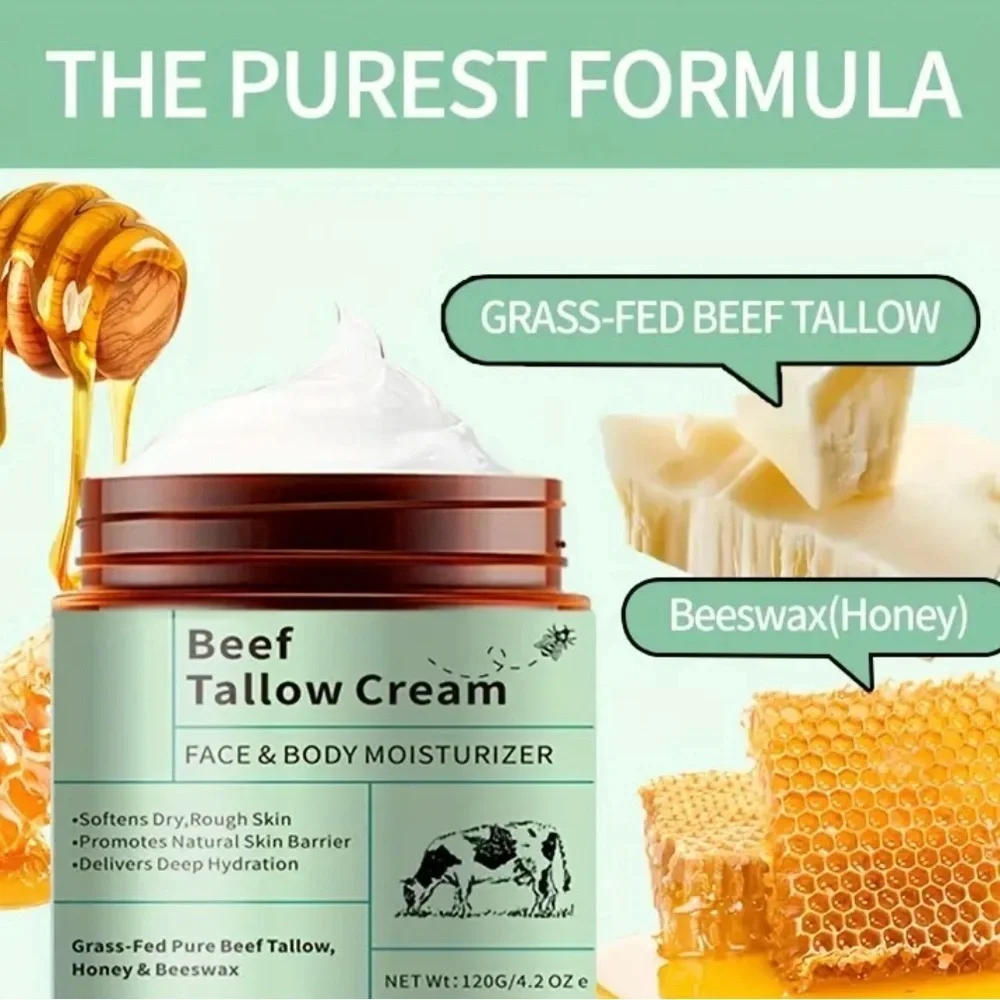 Beef Tallow Cream Face & Body Moisturizer Grass-Fed Honey Beeswax 4.2 oz NIB